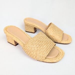Vince Ariana Raffia Heeled Sandals Block‎ Heel Slip On Mules